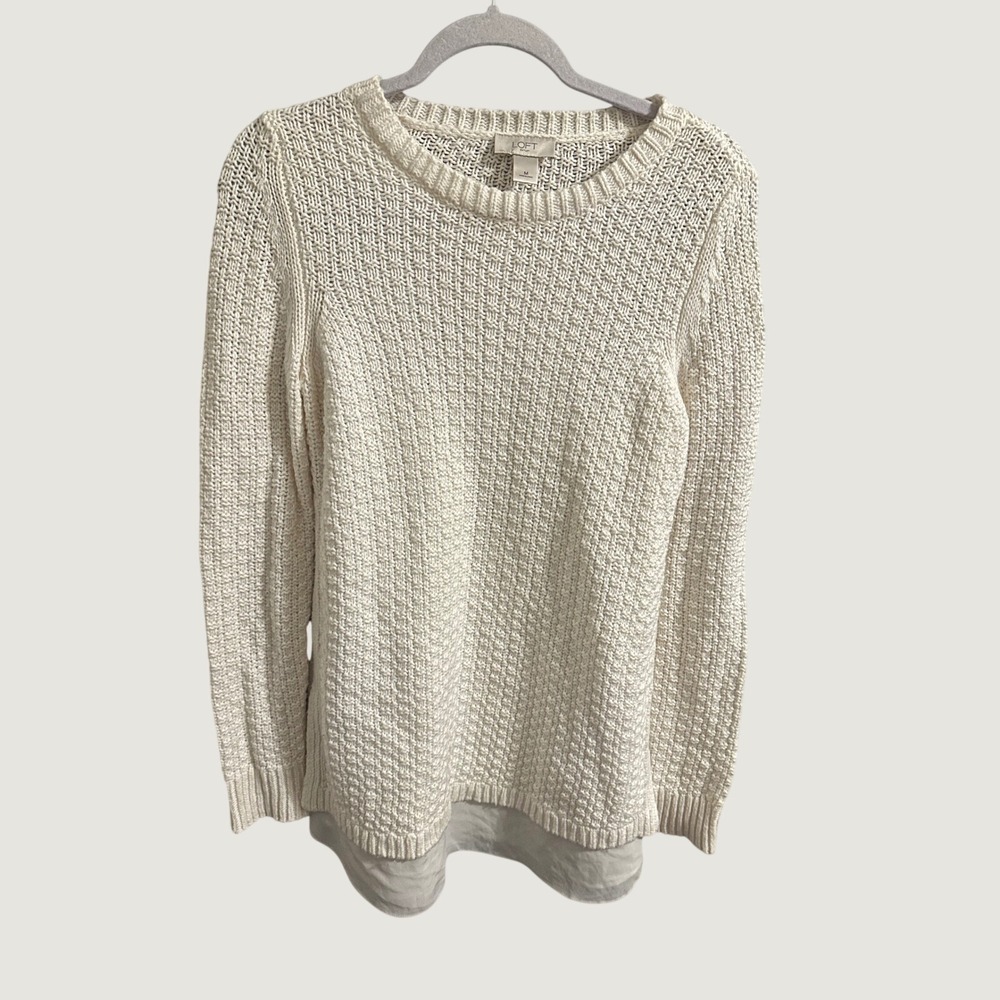 Loft Womens Cream Chunky  Knit Layered Look Mixed Media Sweater Size Medium Fall